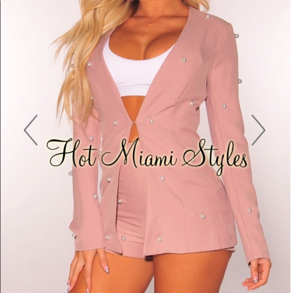 Mauve White Pearls Blazer Two Piece Set